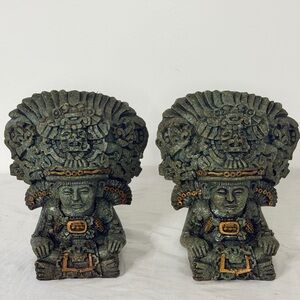 Aztec Mayan Tribal Stone Bookends Pair Sculpted Warrior Decor